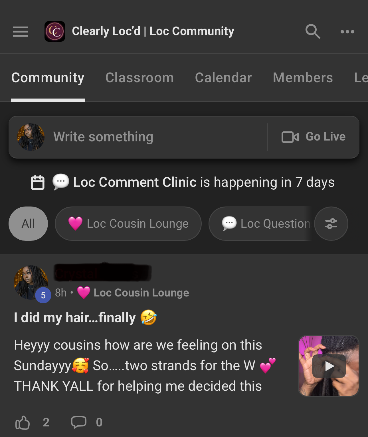 Clearly Loc’d community showing the upcoming Loc Comment Clinic and a conversation with Crystal